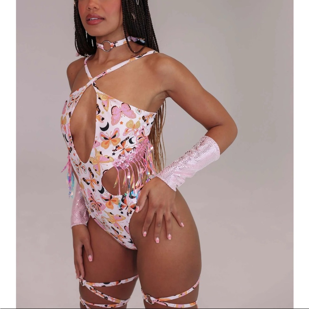 Lime Blonde Butterfly Iridescent Halter Bodysuit, Chocker, and Leg ties